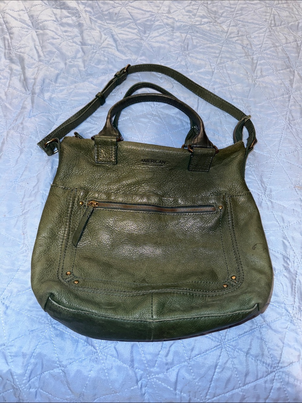 American Leather Company Olive Green Leather Shoulder Tote with Crossbody Strap